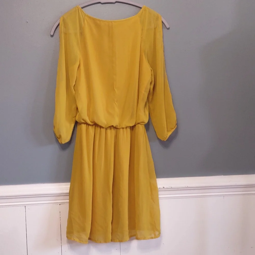 Speechless Women's Dress Sz S Fall Autumn Mustard Yellow sheer sleeves Fit Waist - Picture 9 of 9